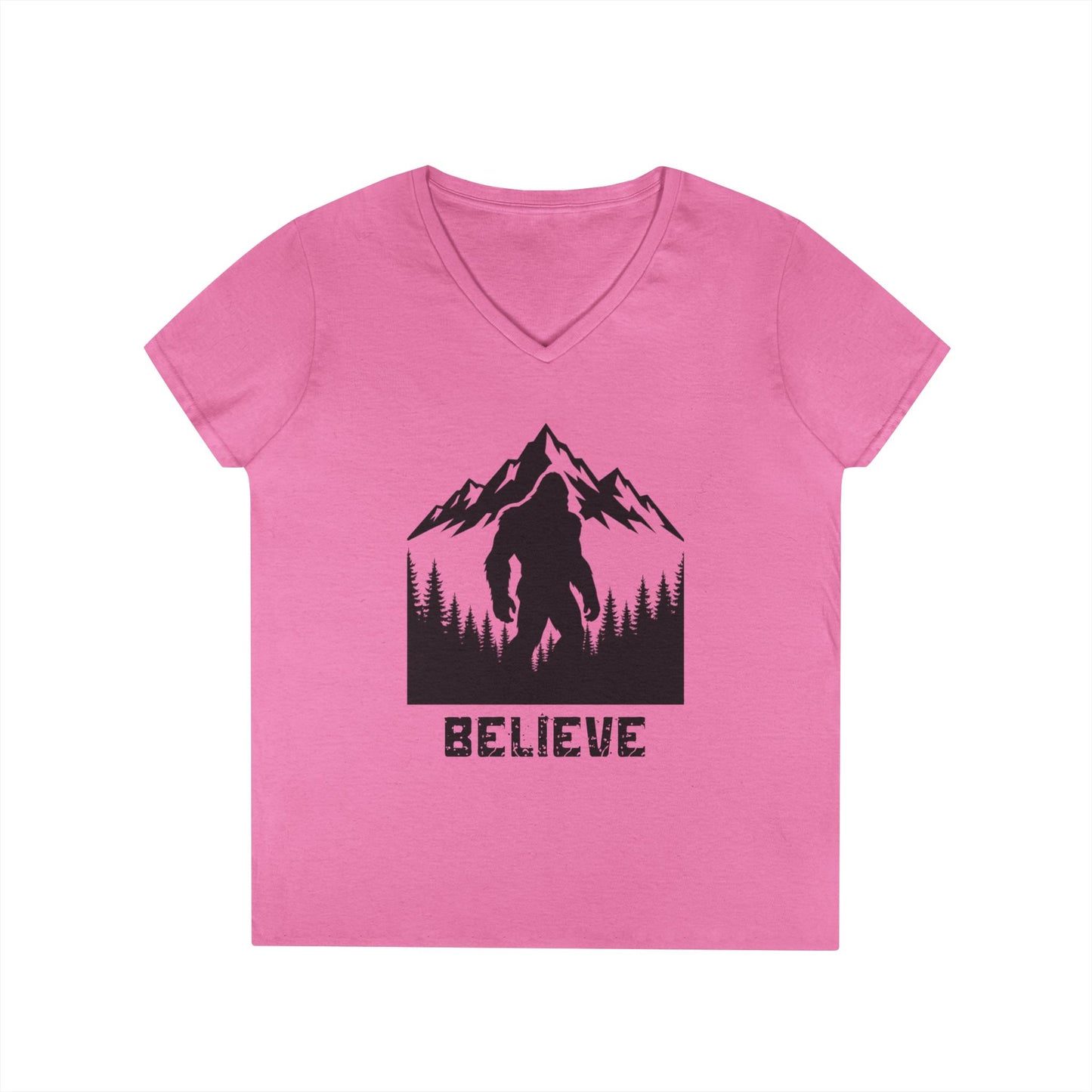 Believe in Bigfoot Ladies' V-Neck T-Shirt, Adventure Shirt, Nature Lover Gift, Mythical Creature Tee, Outdoor Apparel, Funny Bigfoot Top