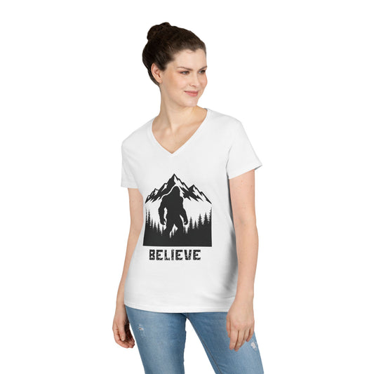 Believe in Bigfoot Ladies' V-Neck T-Shirt, Adventure Shirt, Nature Lover Gift, Mythical Creature Tee, Outdoor Apparel, Funny Bigfoot Top