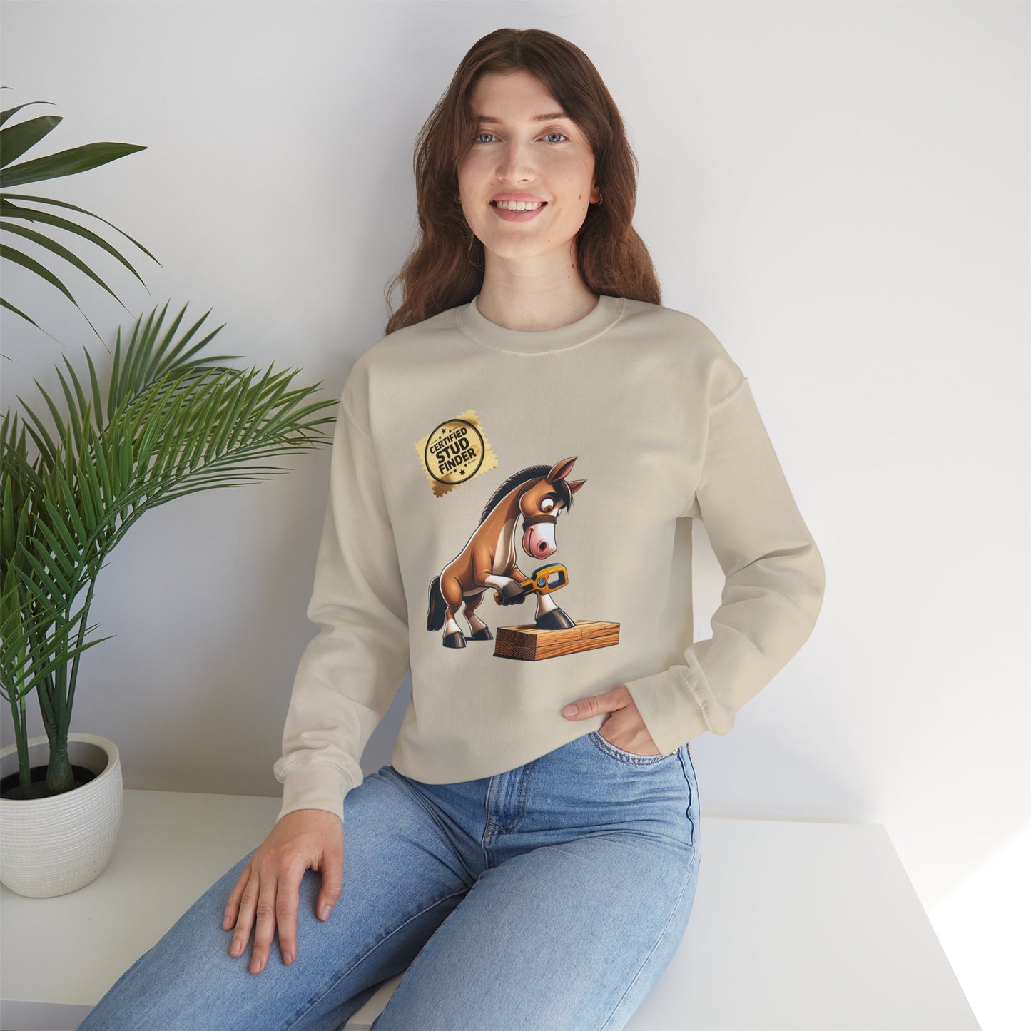 "Stud Finder" Humorous Horse Crewneck Sweatshirt, Funny Sweatshirt, Unisex Sweater, Gift for Horse Lovers, Casual Crewneck
