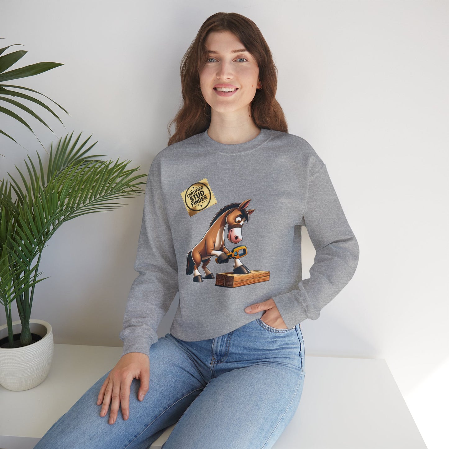 "Stud Finder" Humorous Horse Crewneck Sweatshirt, Funny Sweatshirt, Unisex Sweater, Gift for Horse Lovers, Casual Crewneck