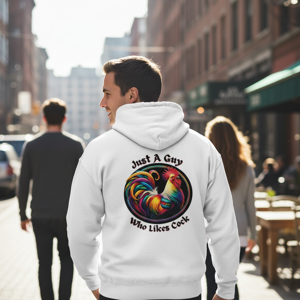 Just a Guy Who Likes Cock Hoodie - Colorful Rooster Design