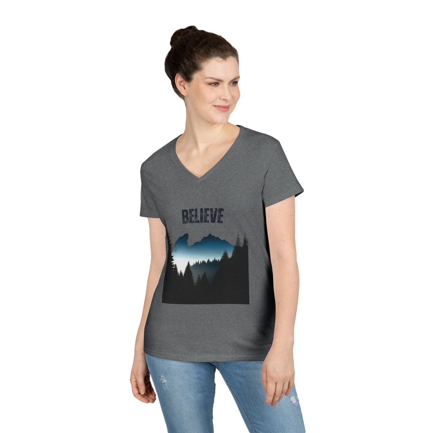 Ladies' V-Neck T-Shirt - 'Believe' Mountain Design, Inspirational Gift, Nature Lover Tee, Adventure Shirt, Outdoor Apparel