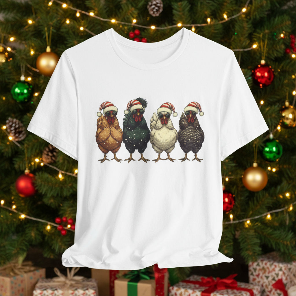 Christmas Chickens T-Shirt | Four Hens in Santa Hats Tee