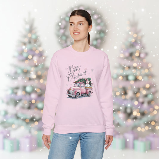 Christmas Truck Sweatshirt — 'Merry Christmas' Vintage Pink Pickup Holiday Crewneck