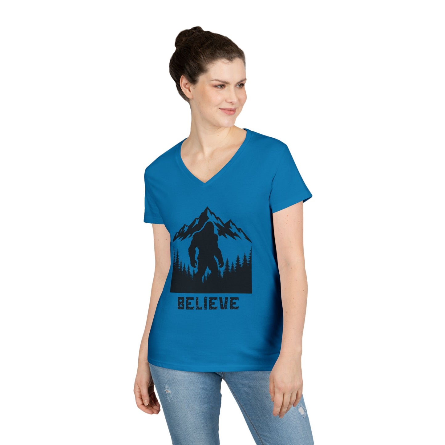 Believe in Bigfoot Ladies' V-Neck T-Shirt, Adventure Shirt, Nature Lover Gift, Mythical Creature Tee, Outdoor Apparel, Funny Bigfoot Top