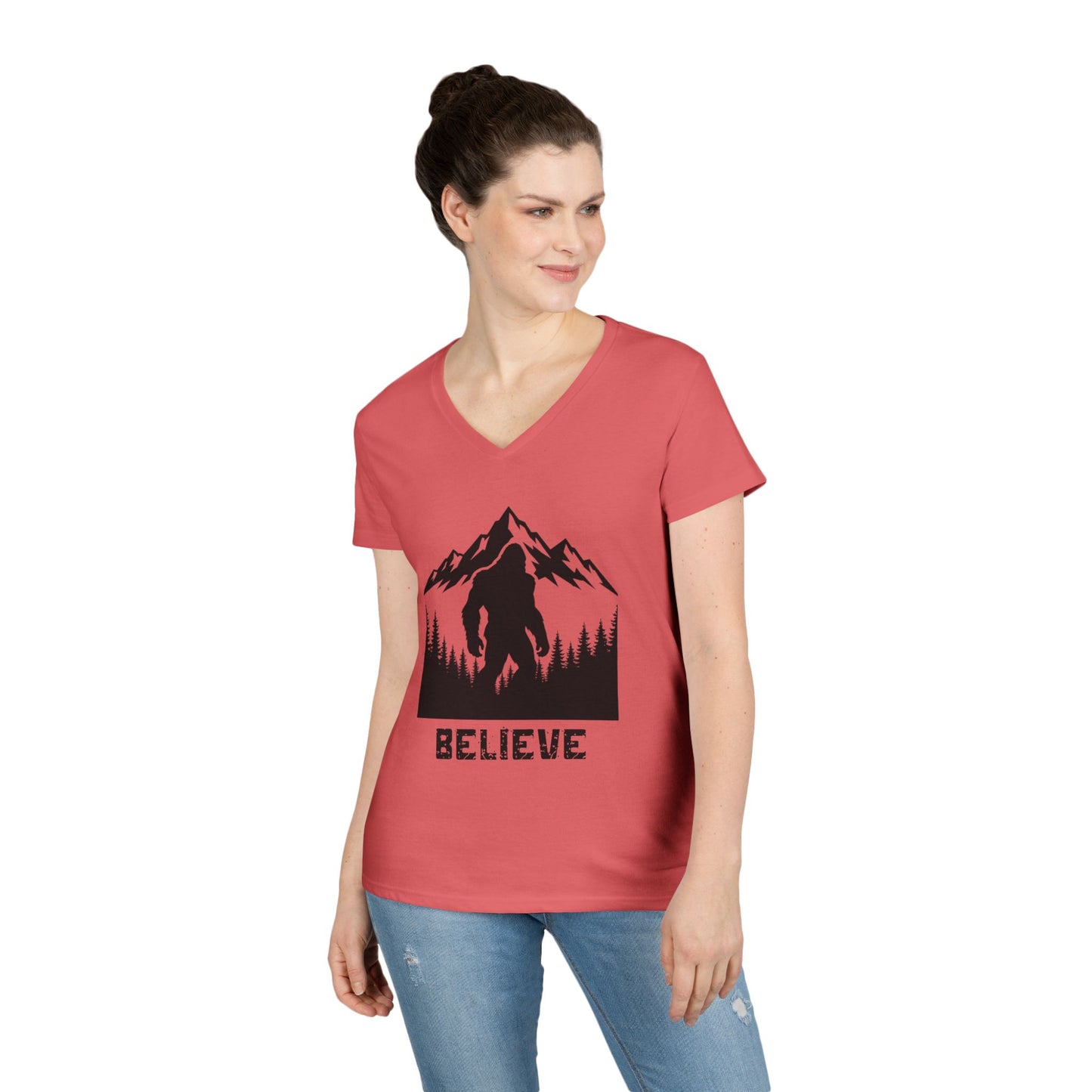 Believe in Bigfoot Ladies' V-Neck T-Shirt, Adventure Shirt, Nature Lover Gift, Mythical Creature Tee, Outdoor Apparel, Funny Bigfoot Top