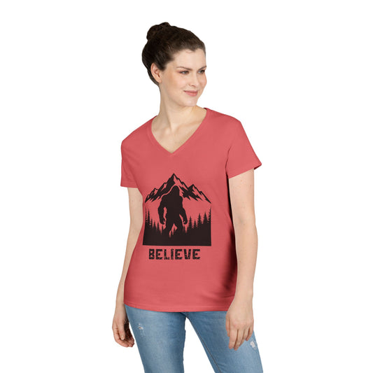 Believe in Bigfoot Ladies' V-Neck T-Shirt, Adventure Shirt, Nature Lover Gift, Mythical Creature Tee, Outdoor Apparel, Funny Bigfoot Top
