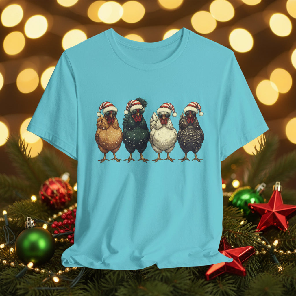 Christmas Chickens T-Shirt | Four Hens in Santa Hats Tee