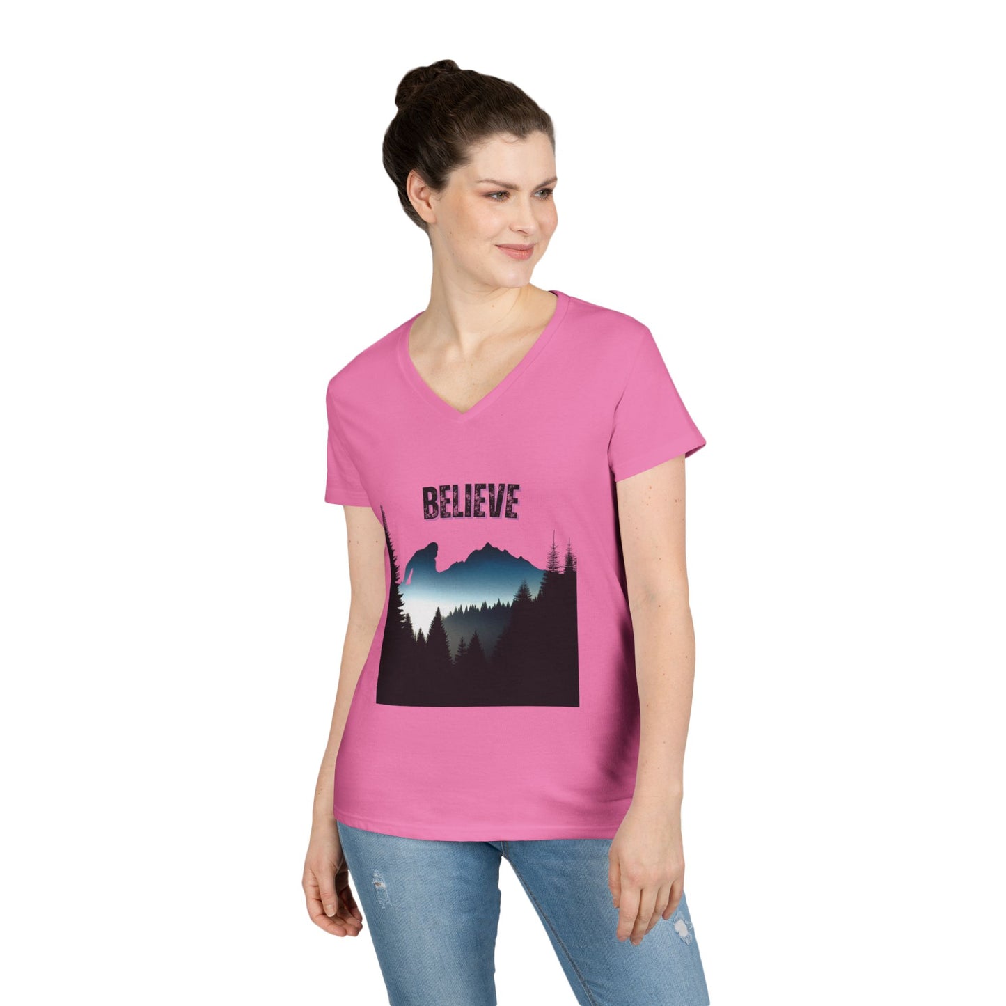 Ladies' V-Neck T-Shirt - 'Believe' Mountain Design, Inspirational Gift, Nature Lover Tee, Adventure Shirt, Outdoor Apparel
