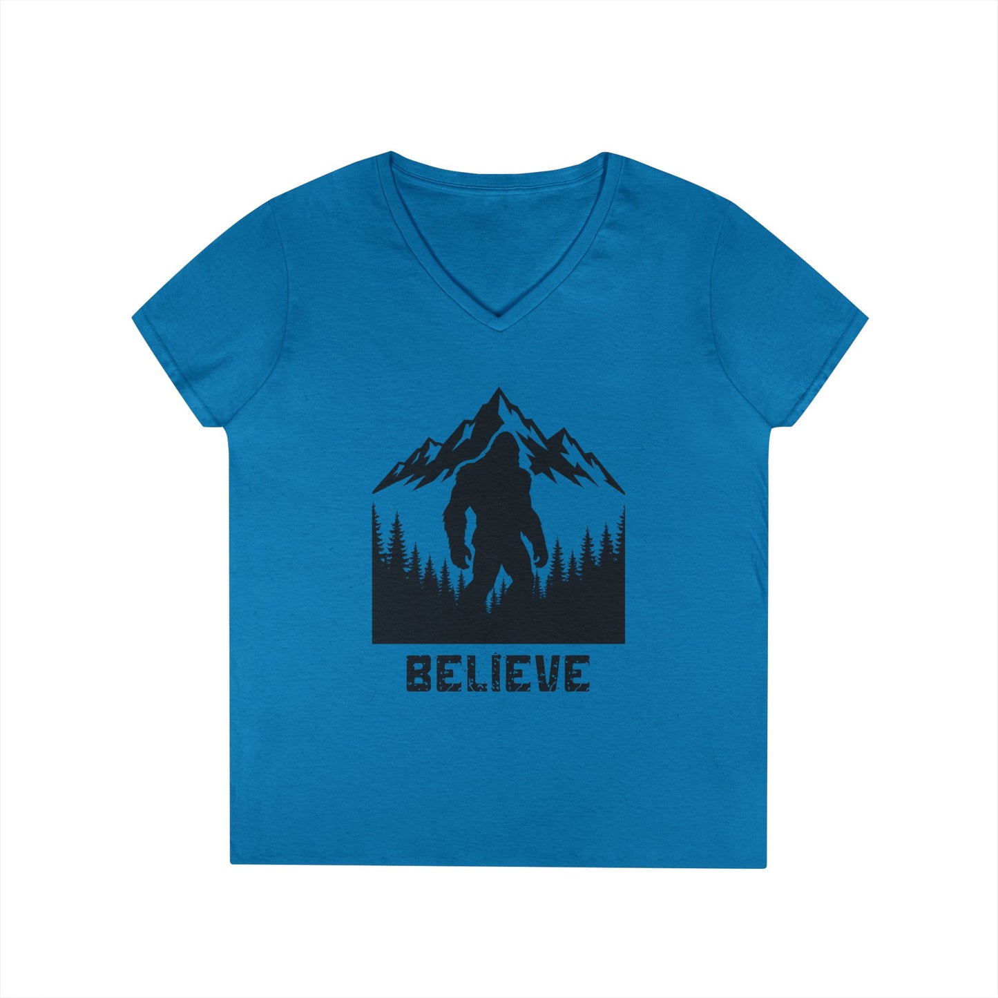 Believe in Bigfoot Ladies' V-Neck T-Shirt, Adventure Shirt, Nature Lover Gift, Mythical Creature Tee, Outdoor Apparel, Funny Bigfoot Top
