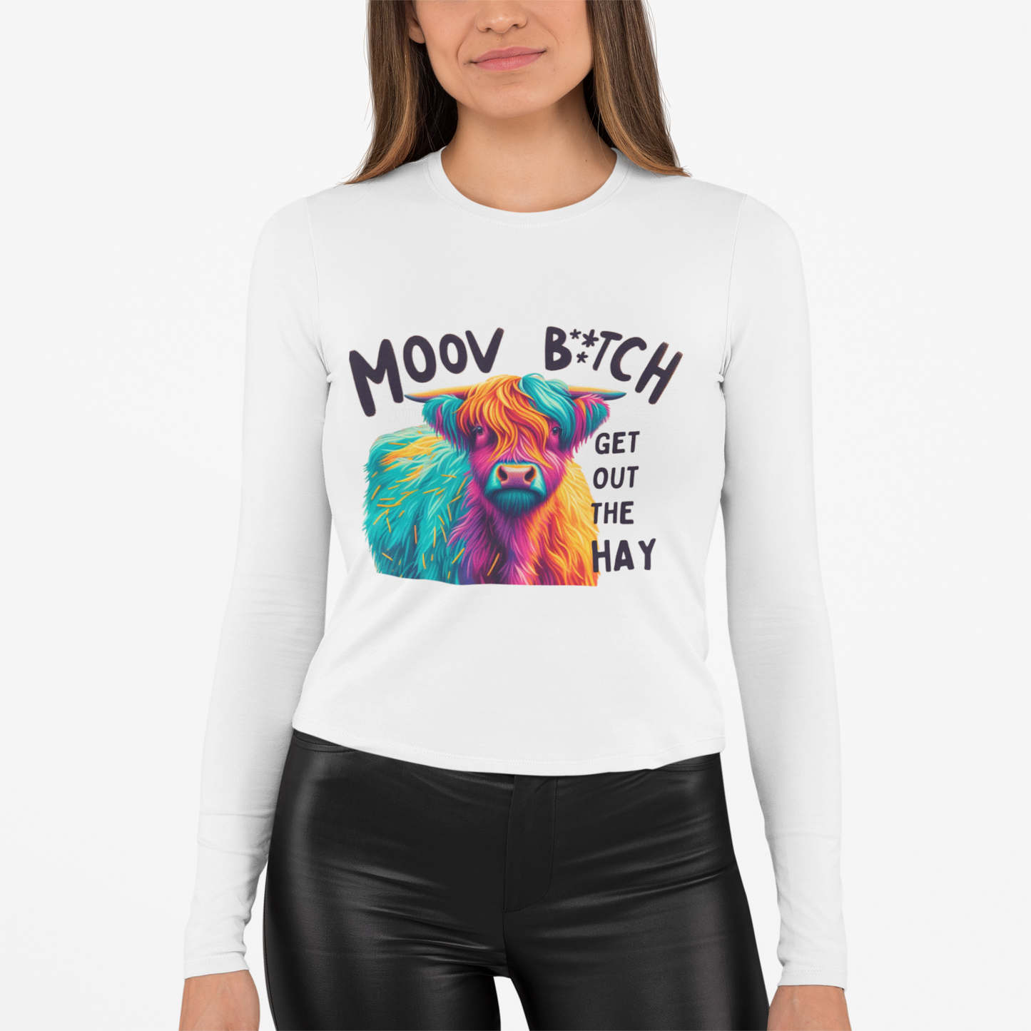 Moov B*tch Long Sleeve Tee - Vibrant Cow Graphic Shirt for Animal Lovers