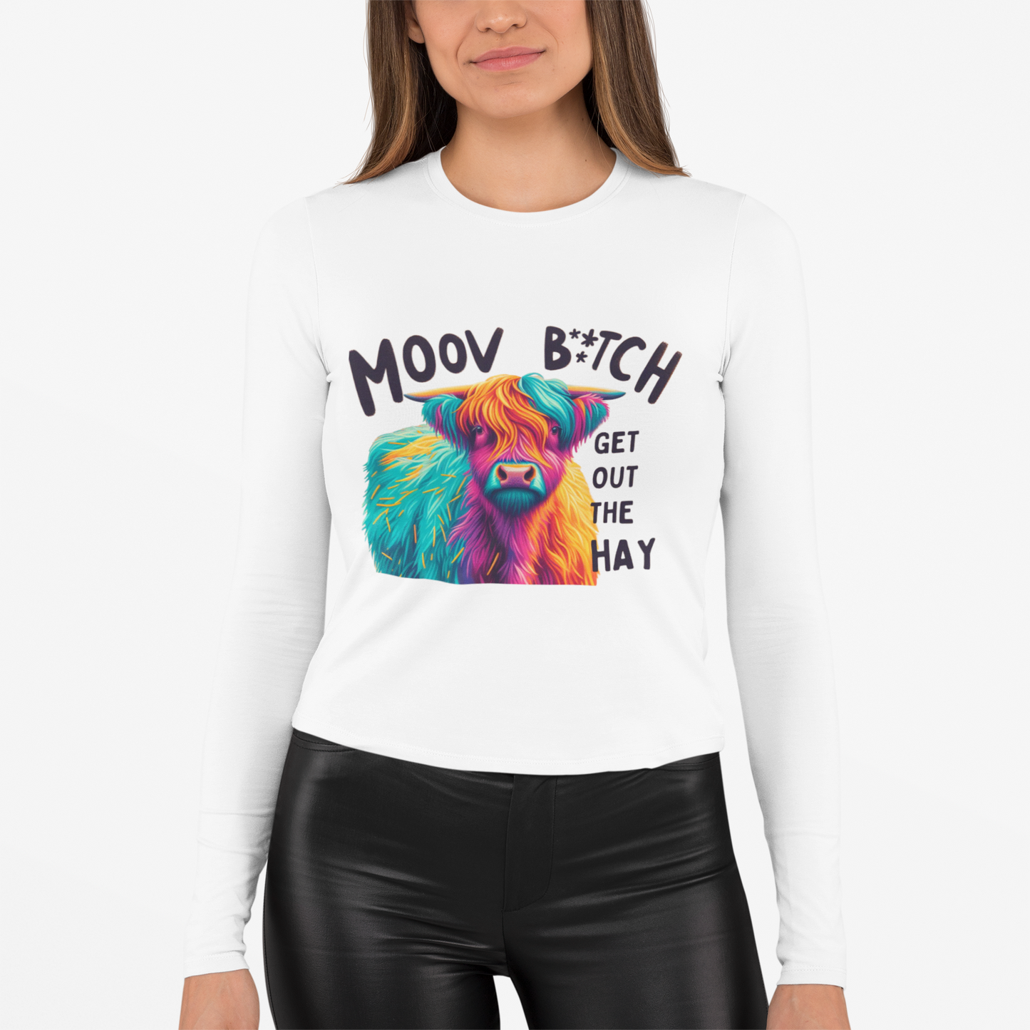 Moov B*tch Long Sleeve Tee - Vibrant Cow Graphic Shirt for Animal Lovers