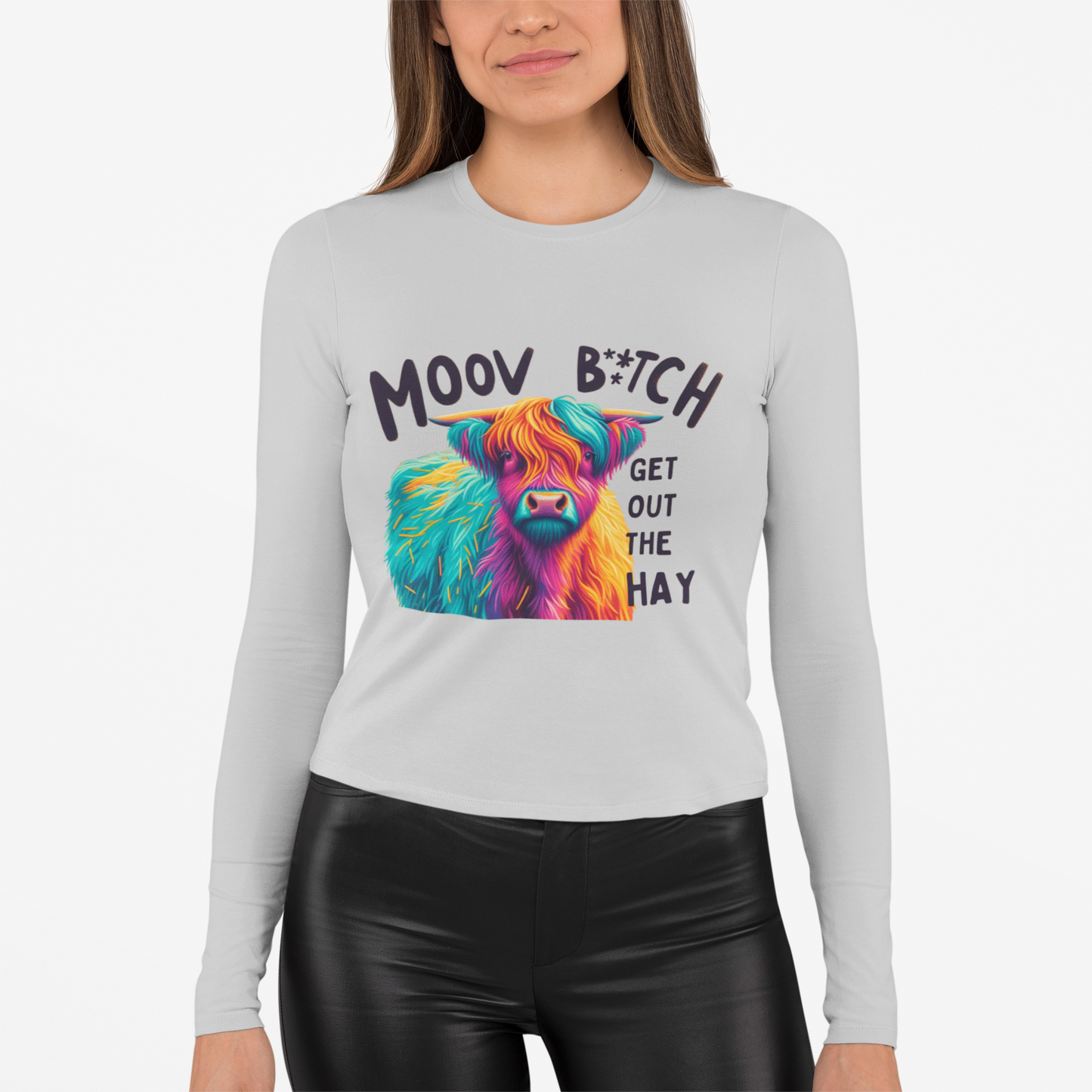 Moov B*tch Long Sleeve Tee - Vibrant Cow Graphic Shirt for Animal Lovers