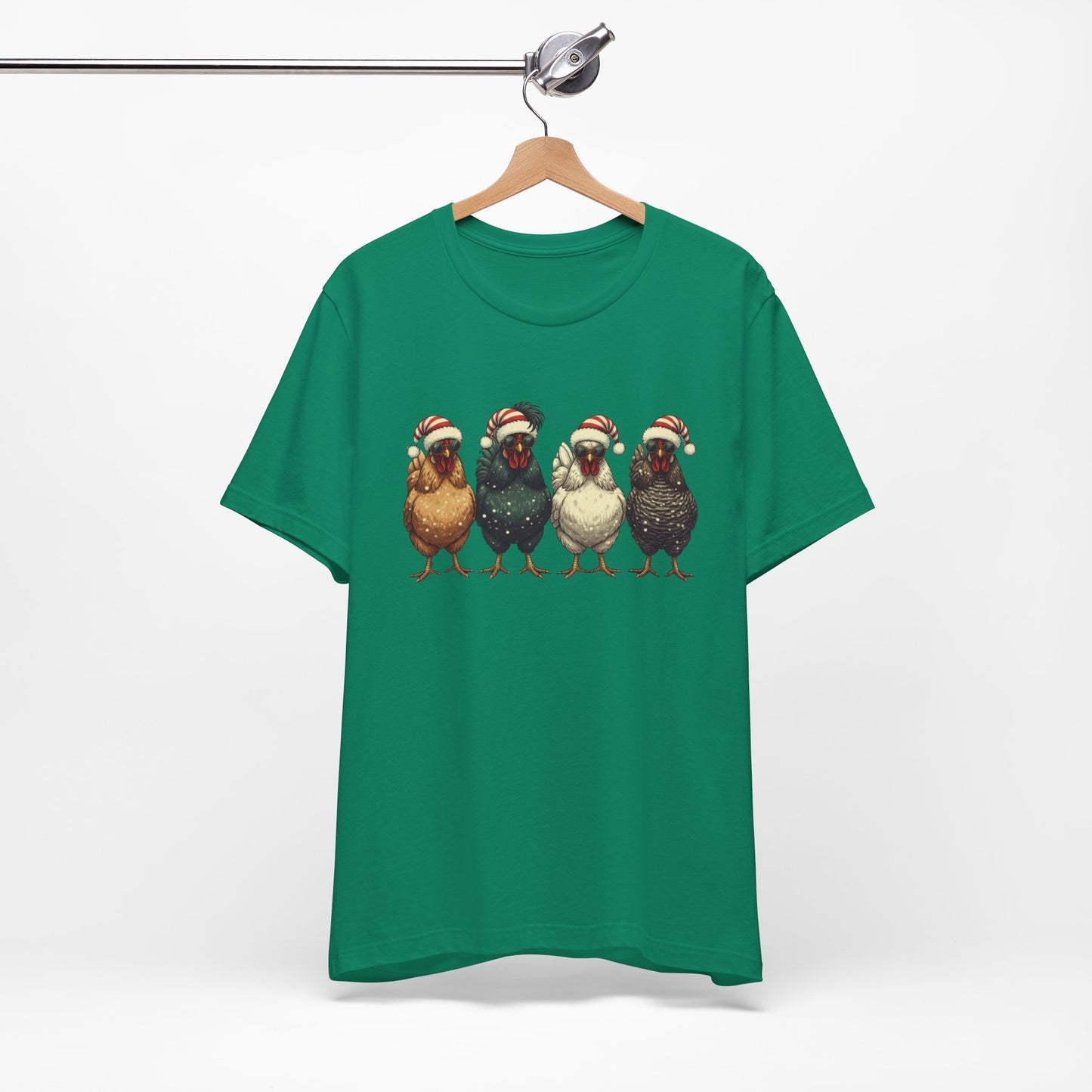 Christmas Chickens T-Shirt | Four Hens in Santa Hats Tee