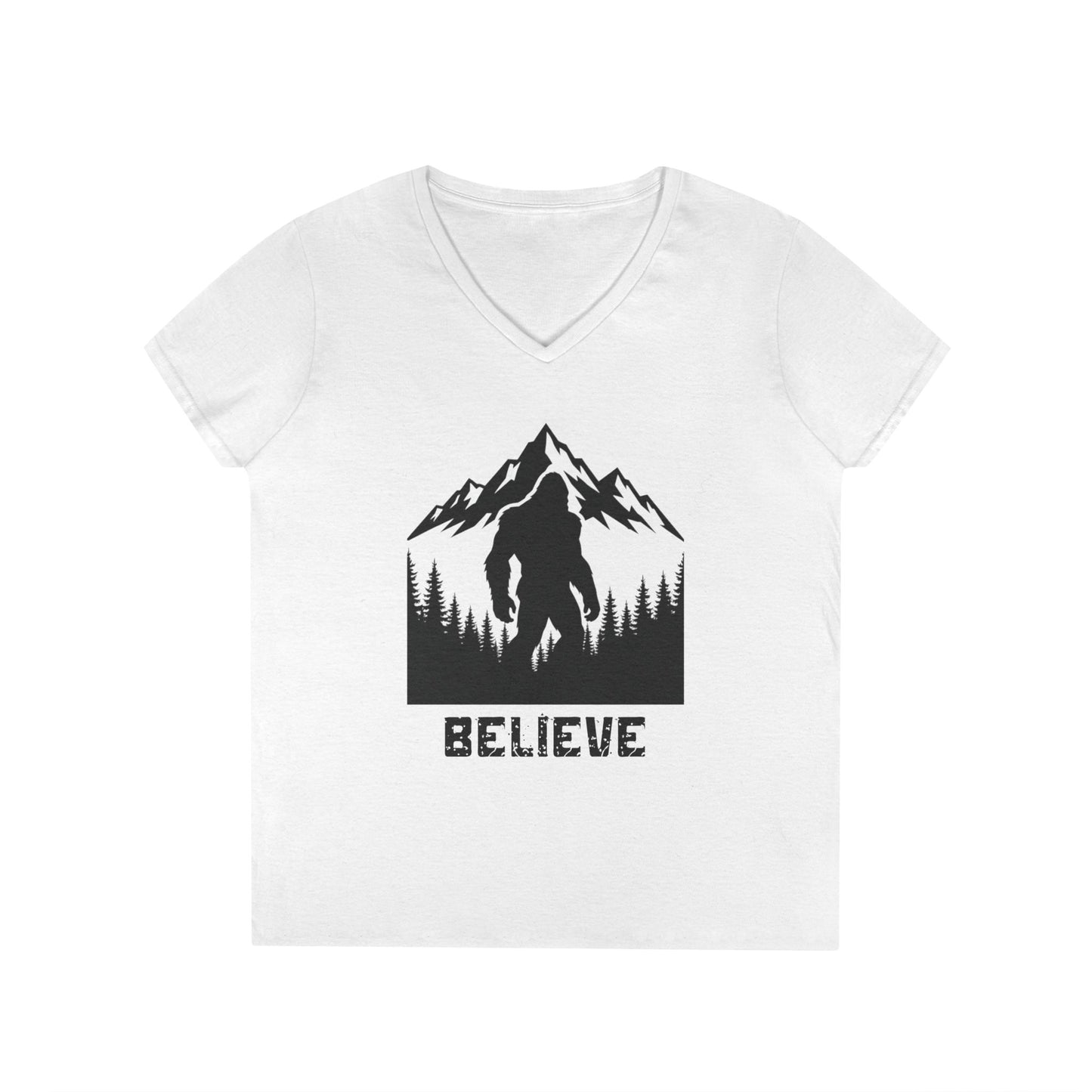 Believe in Bigfoot Ladies' V-Neck T-Shirt, Adventure Shirt, Nature Lover Gift, Mythical Creature Tee, Outdoor Apparel, Funny Bigfoot Top