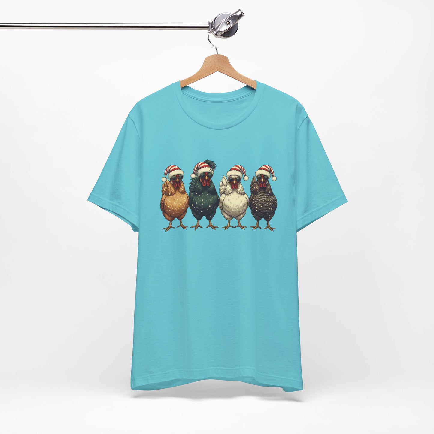 Christmas Chickens T-Shirt | Four Hens in Santa Hats Tee