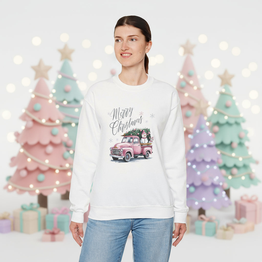 Christmas Truck Sweatshirt — 'Merry Christmas' Vintage Pink Pickup Holiday Crewneck