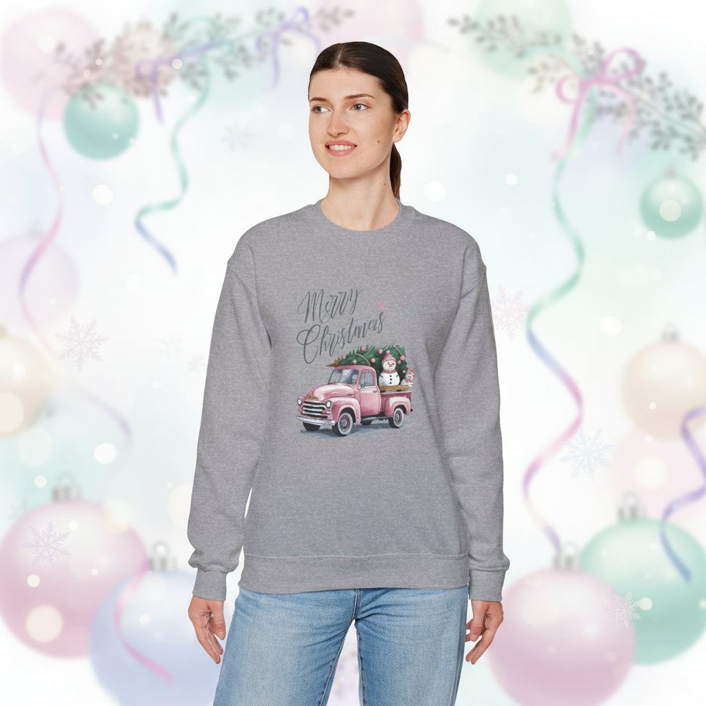 Christmas Truck Sweatshirt — 'Merry Christmas' Vintage Pink Pickup Holiday Crewneck