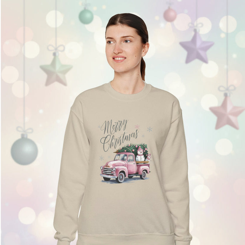 Christmas Truck Sweatshirt — 'Merry Christmas' Vintage Pink Pickup Holiday Crewneck