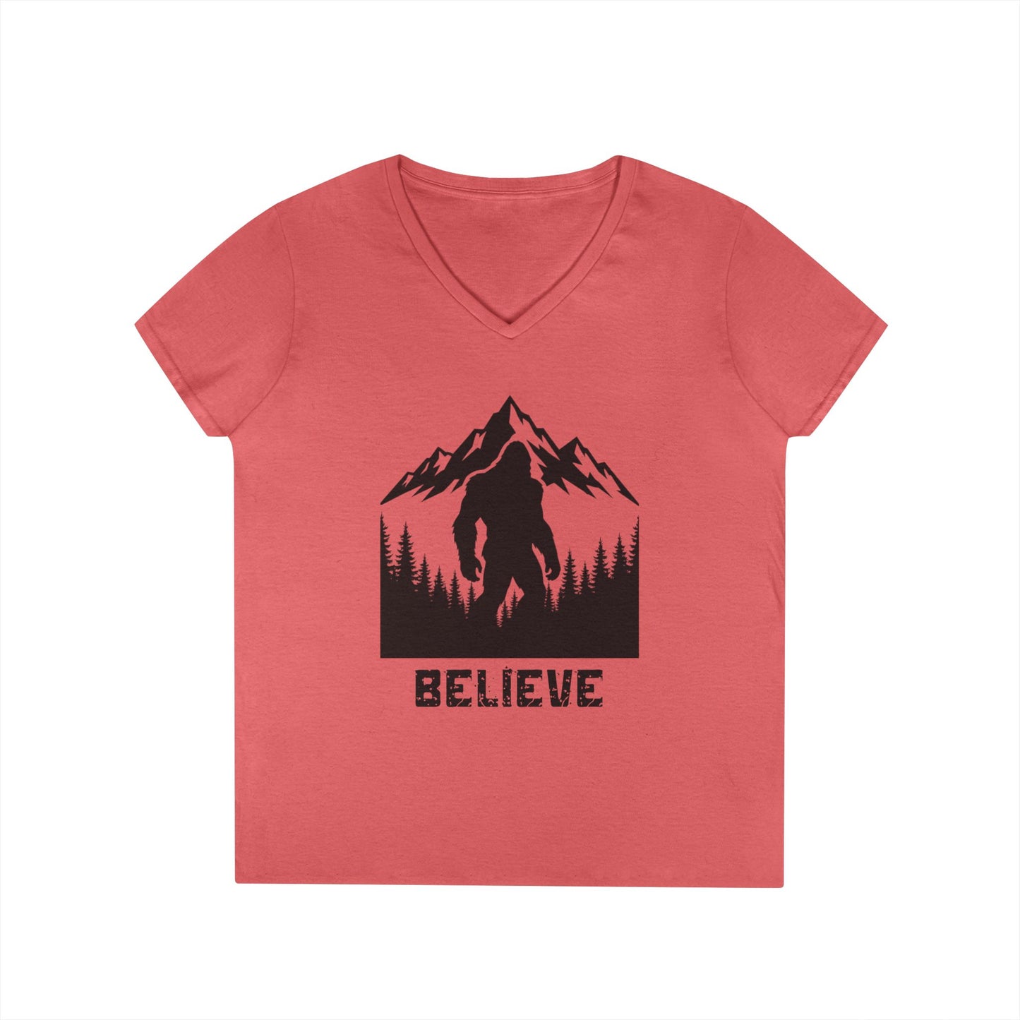Believe in Bigfoot Ladies' V-Neck T-Shirt, Adventure Shirt, Nature Lover Gift, Mythical Creature Tee, Outdoor Apparel, Funny Bigfoot Top