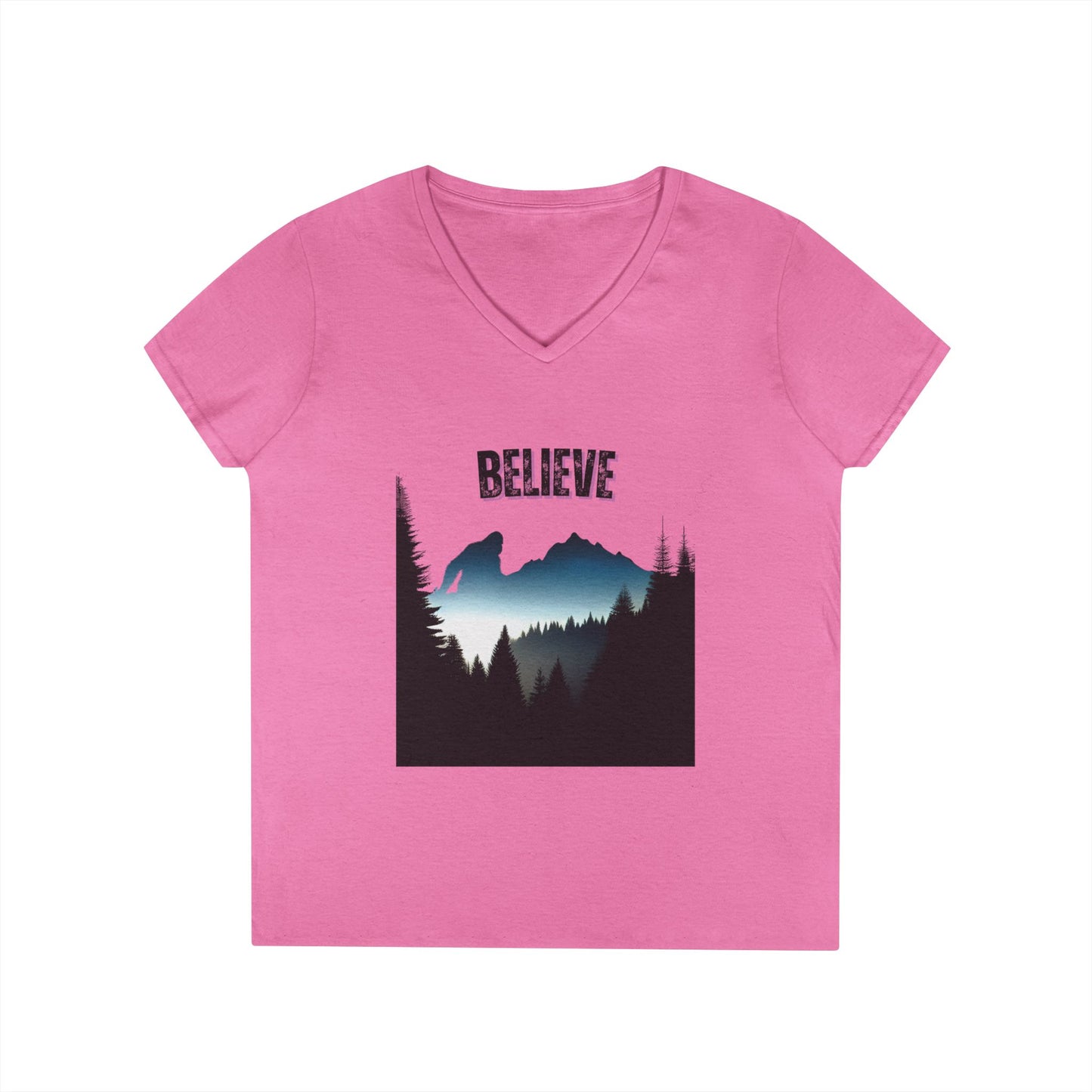Ladies' V-Neck T-Shirt - 'Believe' Mountain Design, Inspirational Gift, Nature Lover Tee, Adventure Shirt, Outdoor Apparel