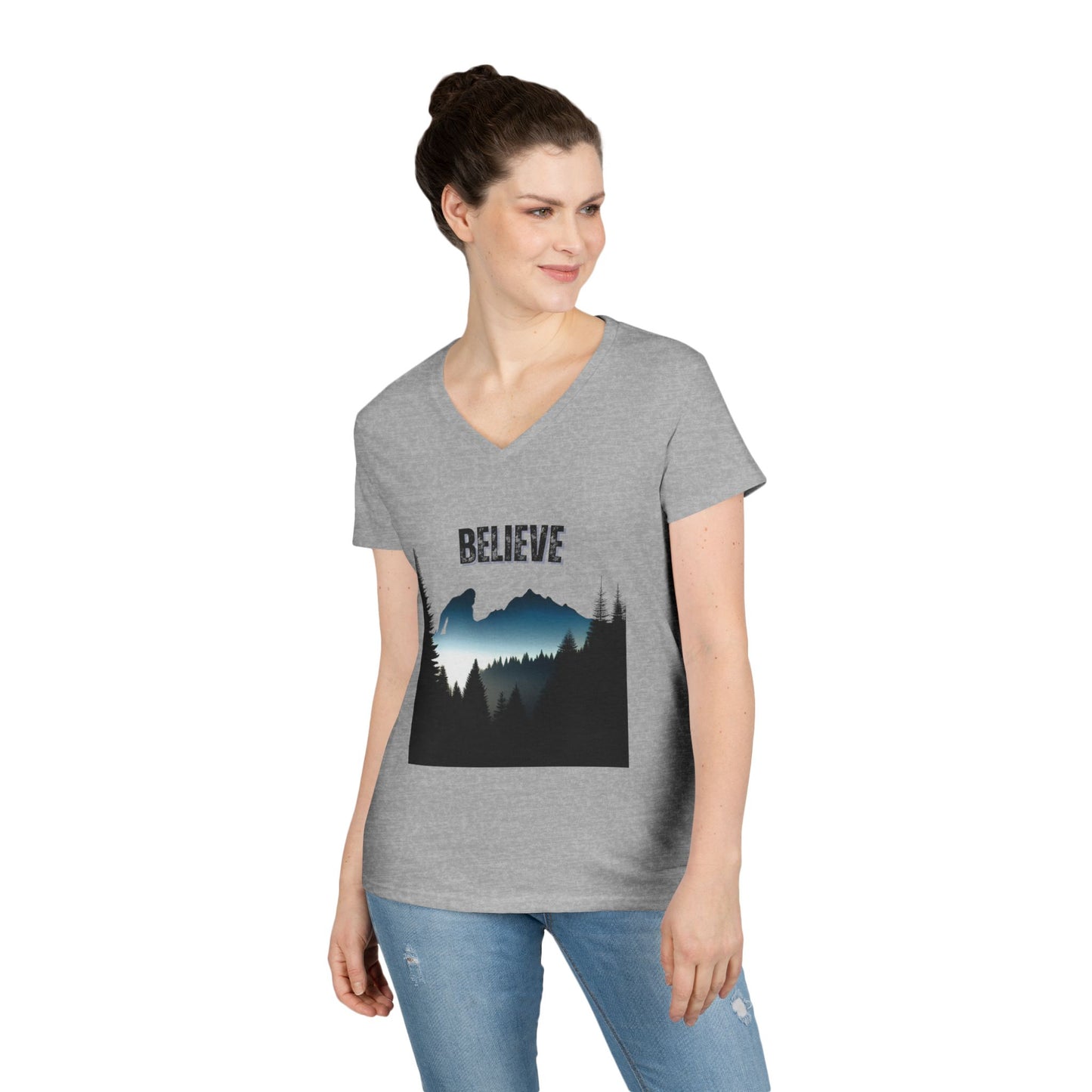 Ladies' V-Neck T-Shirt - 'Believe' Mountain Design, Inspirational Gift, Nature Lover Tee, Adventure Shirt, Outdoor Apparel