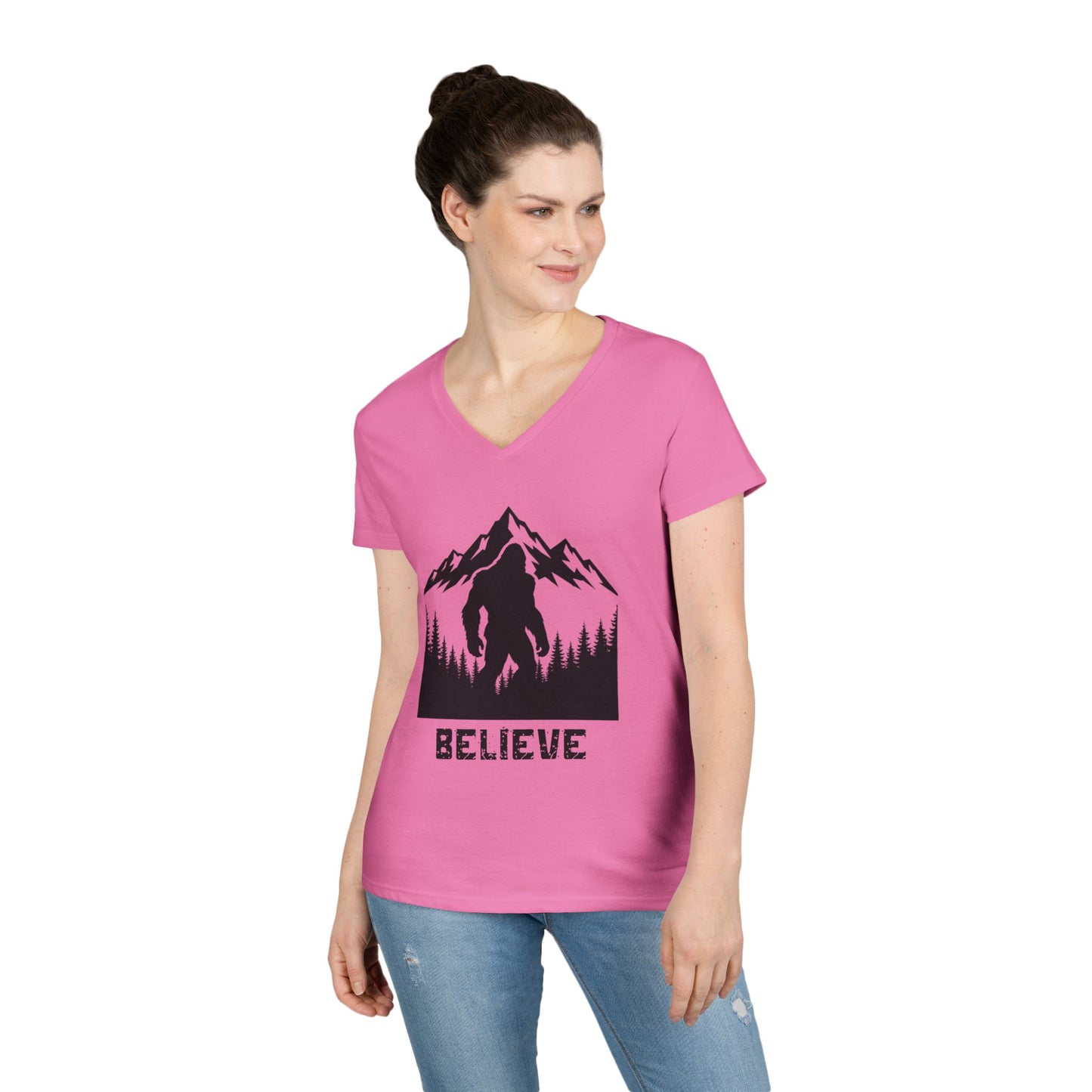 Believe in Bigfoot Ladies' V-Neck T-Shirt, Adventure Shirt, Nature Lover Gift, Mythical Creature Tee, Outdoor Apparel, Funny Bigfoot Top