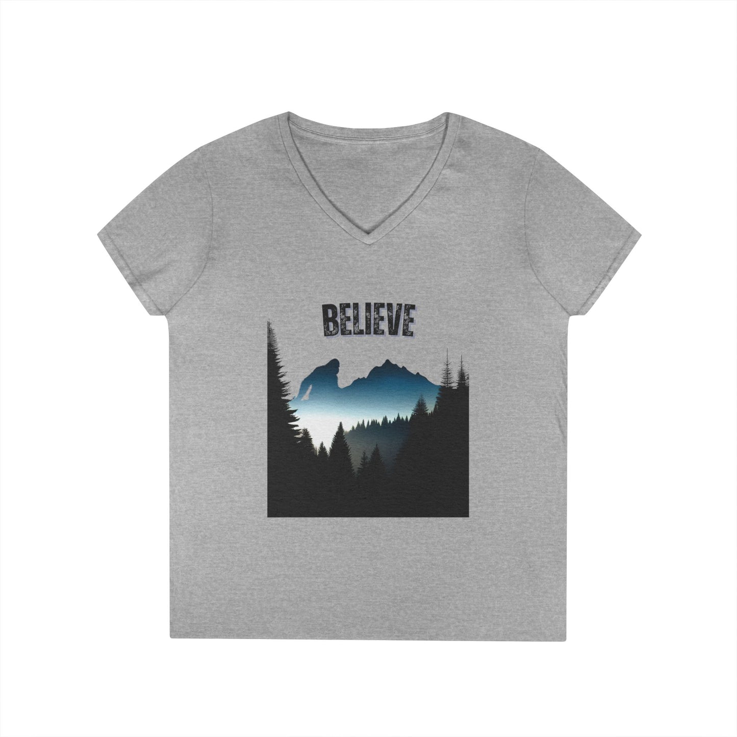 Ladies' V-Neck T-Shirt - 'Believe' Mountain Design, Inspirational Gift, Nature Lover Tee, Adventure Shirt, Outdoor Apparel
