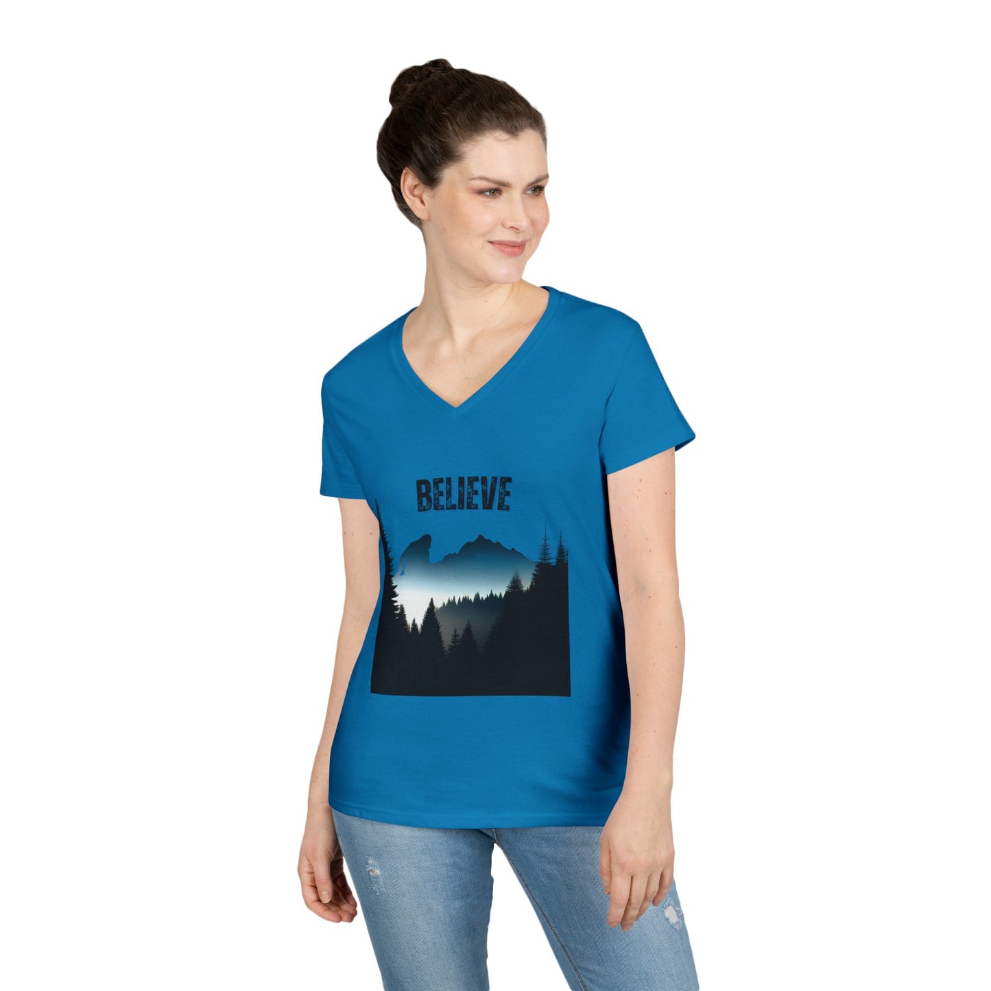 Ladies' V-Neck T-Shirt - 'Believe' Mountain Design, Inspirational Gift, Nature Lover Tee, Adventure Shirt, Outdoor Apparel