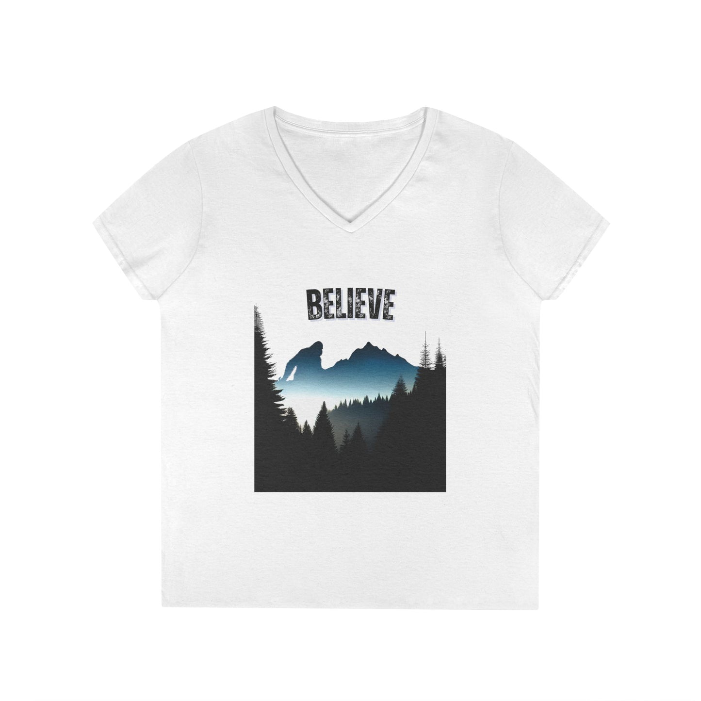 Ladies' V-Neck T-Shirt - 'Believe' Mountain Design, Inspirational Gift, Nature Lover Tee, Adventure Shirt, Outdoor Apparel