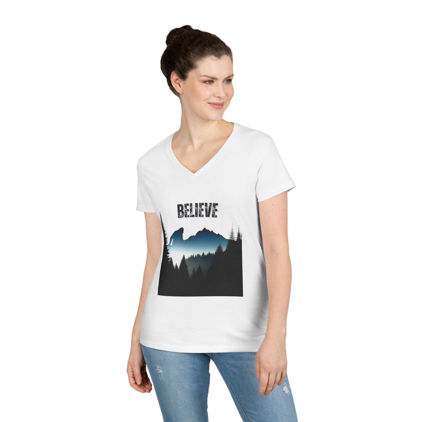 Ladies' V-Neck T-Shirt - 'Believe' Mountain Design, Inspirational Gift, Nature Lover Tee, Adventure Shirt, Outdoor Apparel