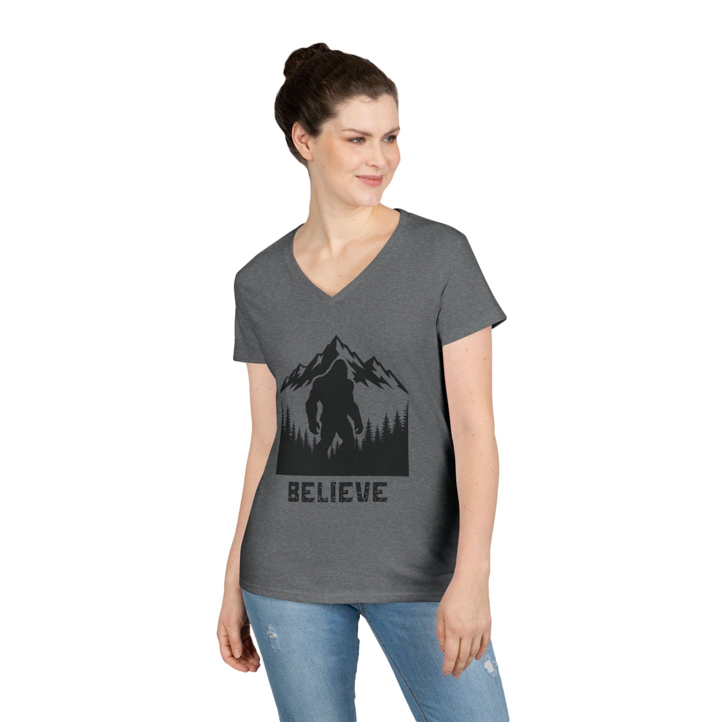 Believe in Bigfoot Ladies' V-Neck T-Shirt, Adventure Shirt, Nature Lover Gift, Mythical Creature Tee, Outdoor Apparel, Funny Bigfoot Top