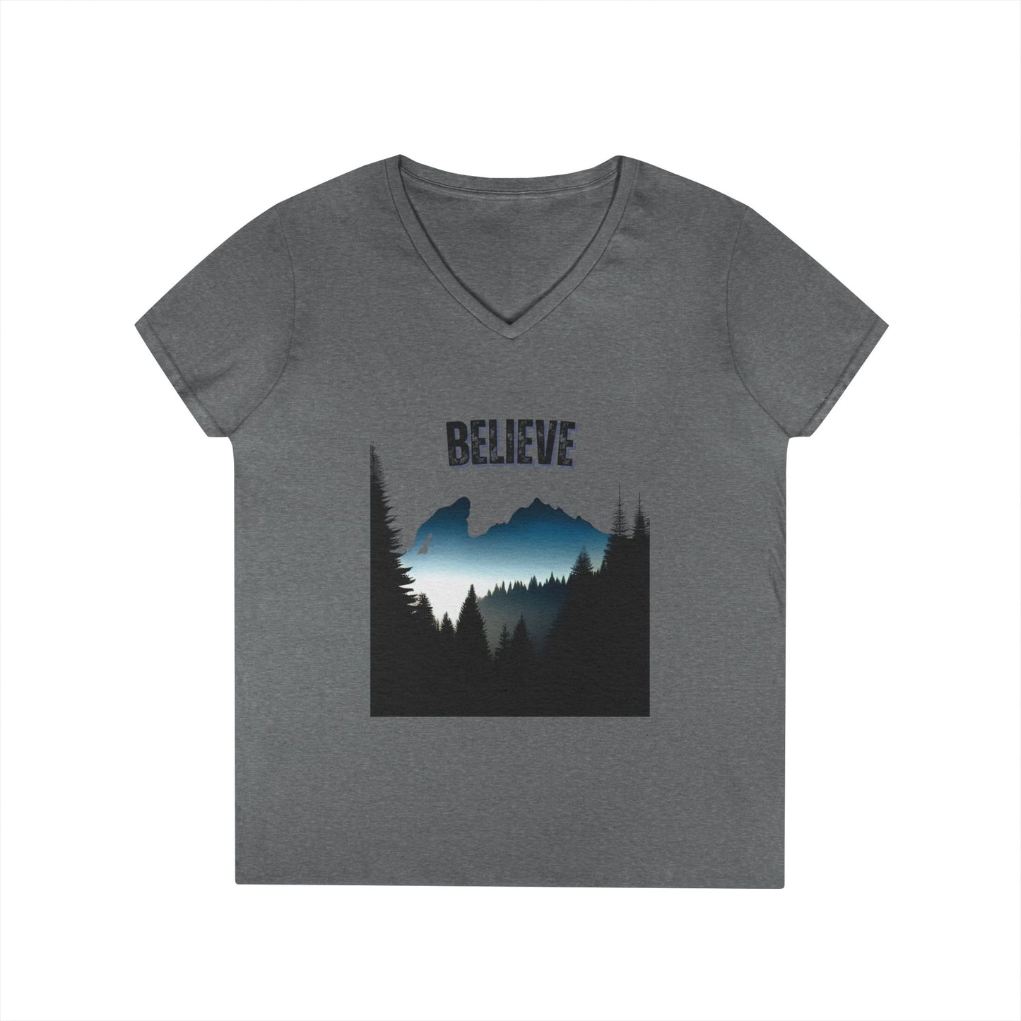 Ladies' V-Neck T-Shirt - 'Believe' Mountain Design, Inspirational Gift, Nature Lover Tee, Adventure Shirt, Outdoor Apparel
