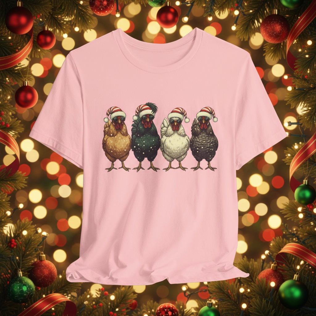 Christmas Chickens T-Shirt | Four Hens in Santa Hats Tee