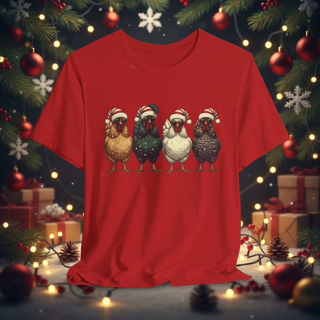 Christmas Chickens T-Shirt | Four Hens in Santa Hats Tee