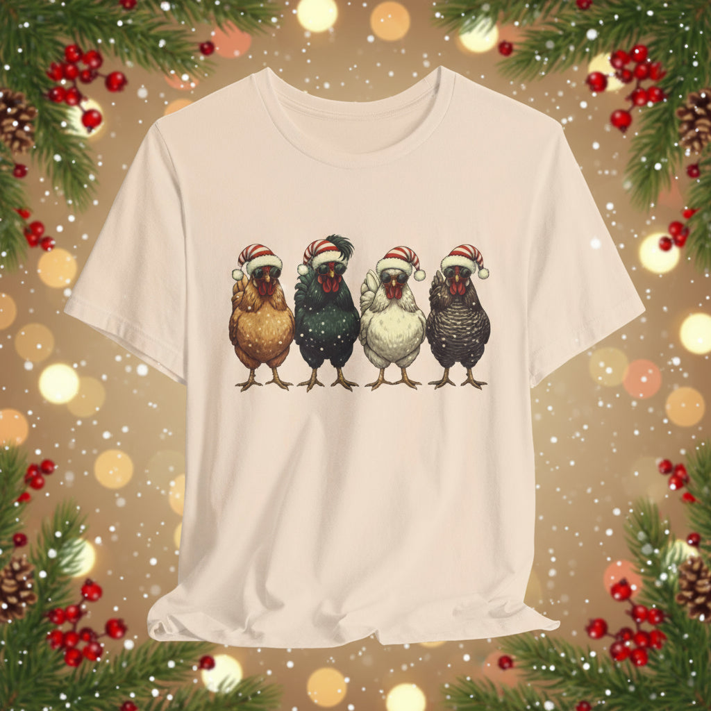 Christmas Chickens T-Shirt | Four Hens in Santa Hats Tee