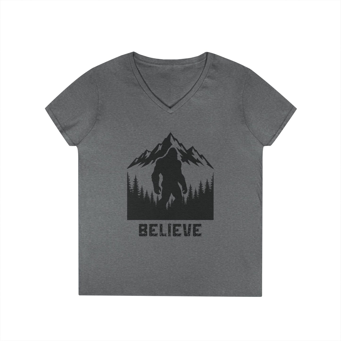 Believe in Bigfoot Ladies' V-Neck T-Shirt, Adventure Shirt, Nature Lover Gift, Mythical Creature Tee, Outdoor Apparel, Funny Bigfoot Top