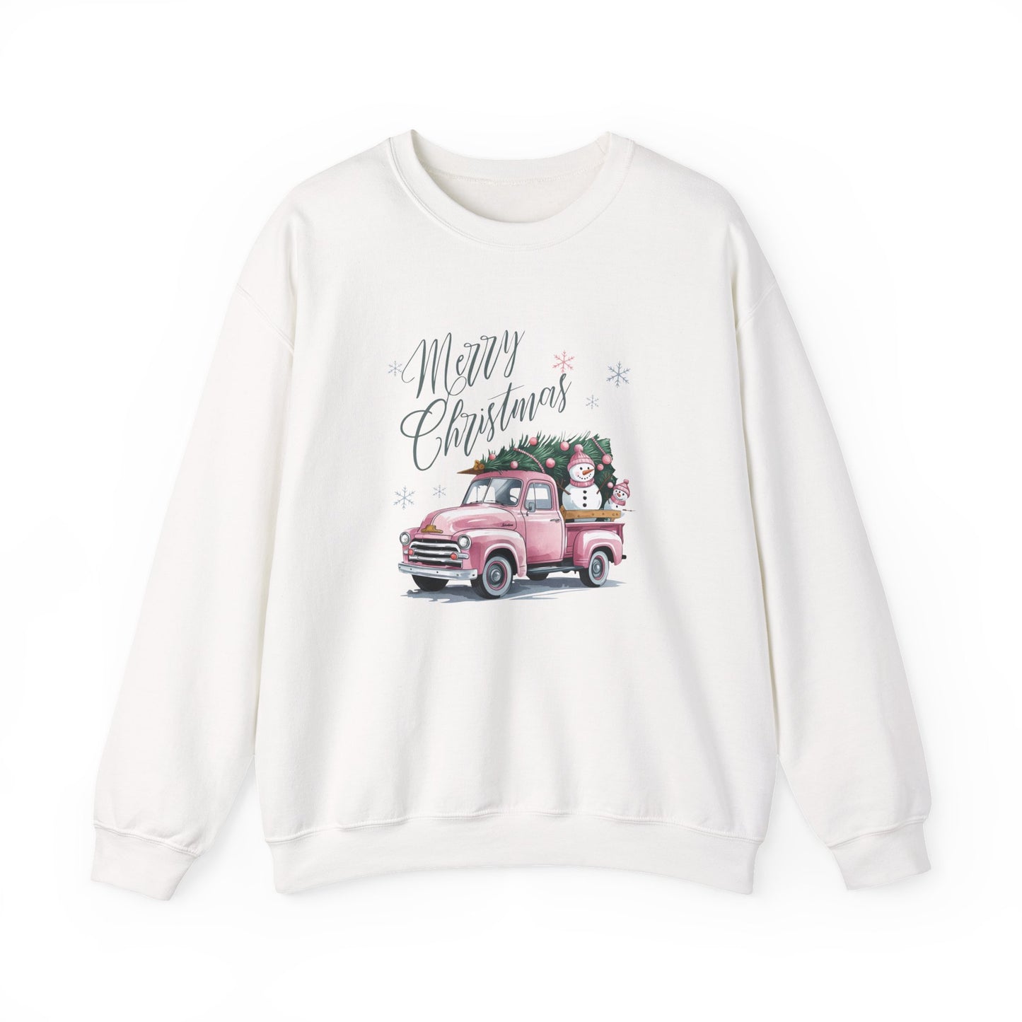 Christmas Truck Sweatshirt — 'Merry Christmas' Vintage Pink Pickup Holiday Crewneck