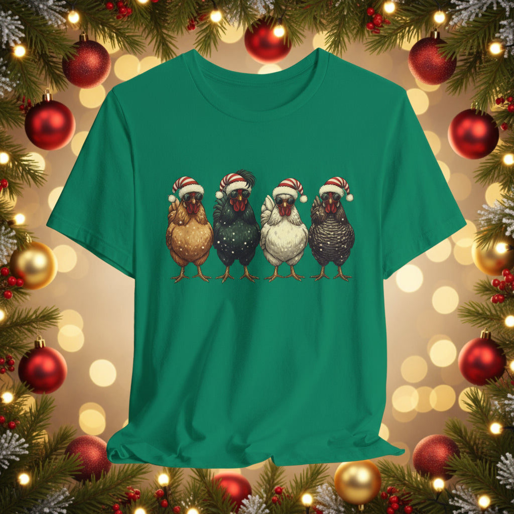 Christmas Chickens T-Shirt | Four Hens in Santa Hats Tee