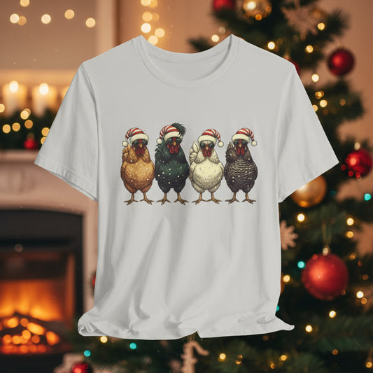 Christmas Chickens T-Shirt | Four Hens in Santa Hats Tee