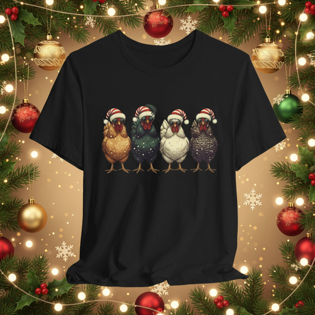 Christmas Chickens T-Shirt | Four Hens in Santa Hats Tee