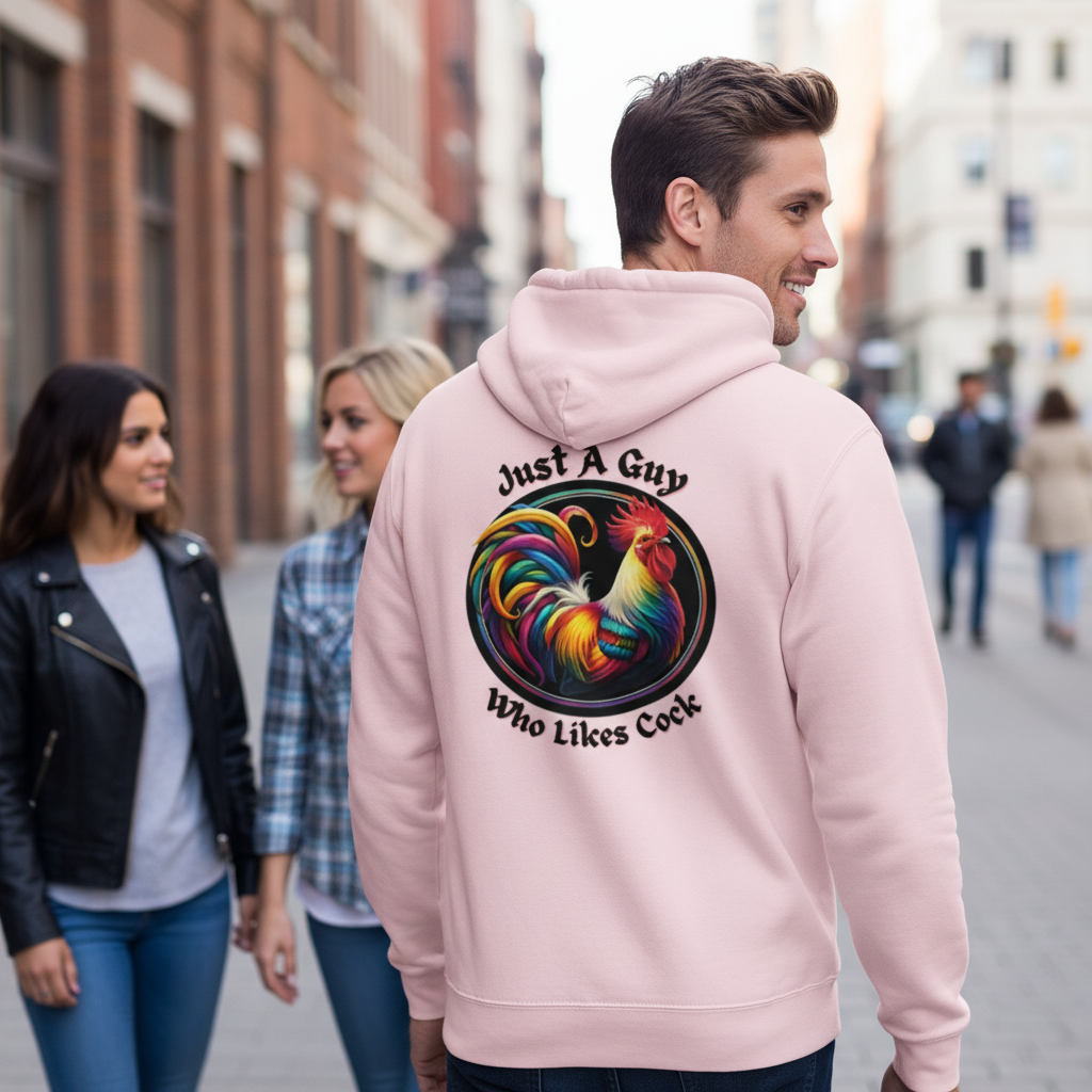 Just a Guy Who Likes Cock Hoodie - Colorful Rooster Design