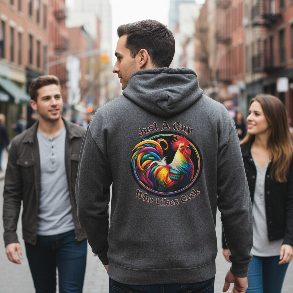 Just a Guy Who Likes Cock Hoodie - Colorful Rooster Design