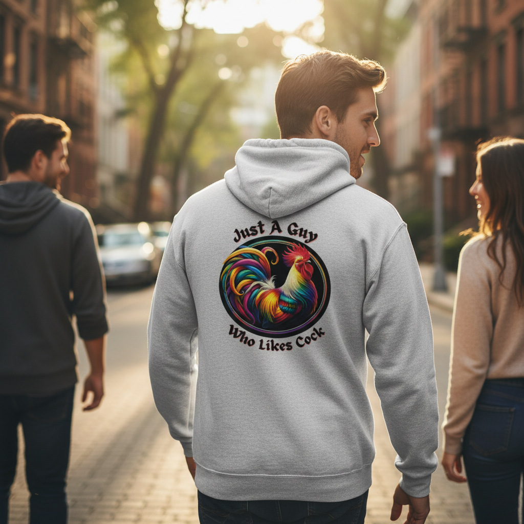 Just a Guy Who Likes Cock Hoodie - Colorful Rooster Design