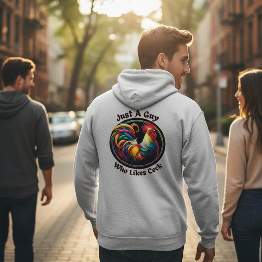 Just a Guy Who Likes Cock Hoodie - Colorful Rooster Design